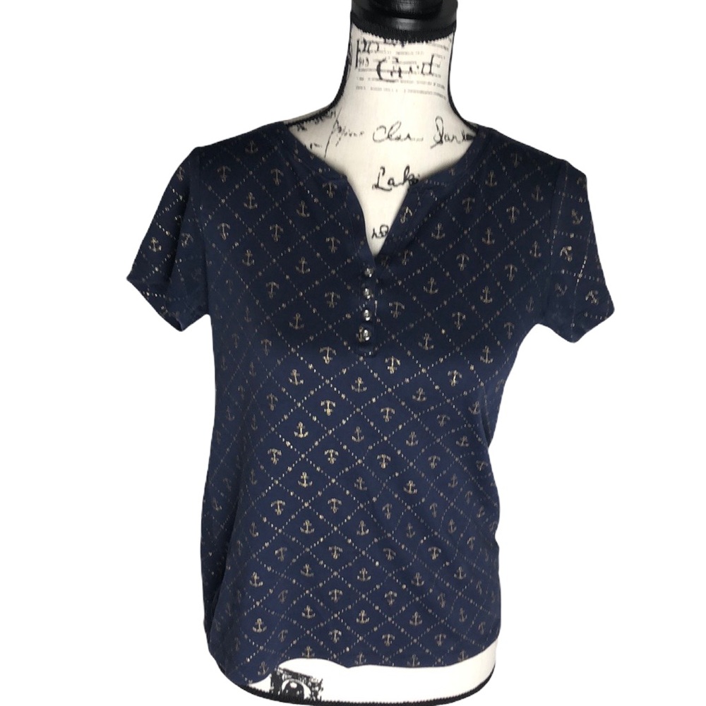 Karen Scott Blue Gold Anchor Print Shirt size S